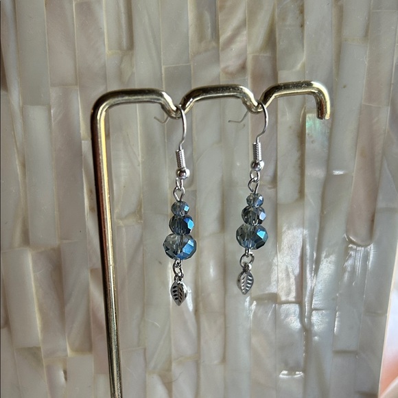 Elegant Silver and Blue Beaded Leaf Earrings - Picture 1 of 5
